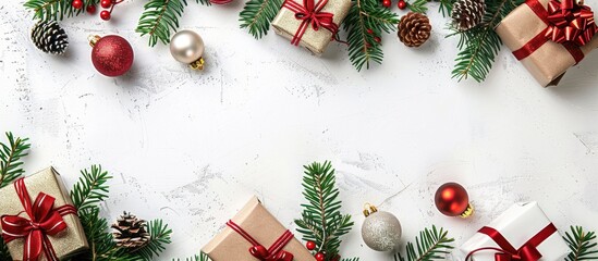 Poster - A festive Christmas backdrop featuring tree branches and colorful gift boxes and baubles on a white background complete with copy space image