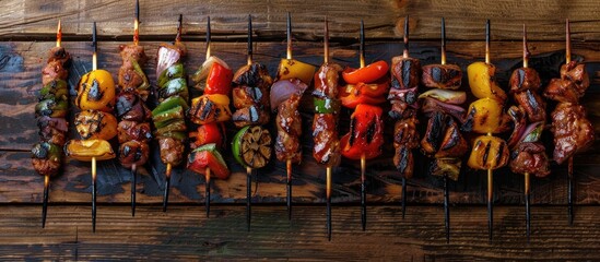Aufkleber - Multiple types of barbeque skewers arranged on a rustic wooden table with ample copy space image