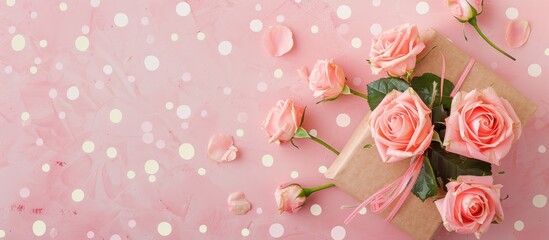 Poster - A romantic concept including roses in a gift box and a love themed alphabet set against a pink polka dot backdrop with a copy space image