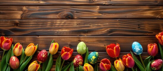 Fototapete - Top view of vibrant Easter eggs and tulips on a rustic brown wooden surface with ample copy space image