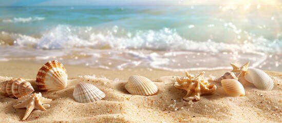 Aufkleber - Sand with sea shells on a beach with available copy space image
