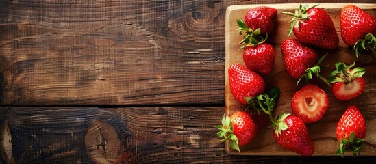 Poster - Strawberry displayed on a wooden cutting board with copy space image
