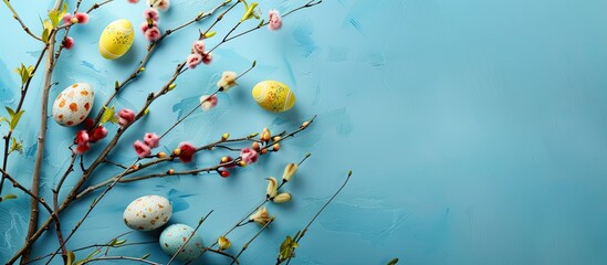 Aufkleber - Willow branches and colorful eggs create an Easter composition on a blue background ideal for a greeting card with copy space image in banner size