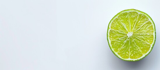 Poster - Top view of a lime slice on a white background with ample copy space image for text creating a flat lay pattern