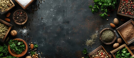 Poster - Various spices displayed on a dark backdrop encircled by wooden boxes holding salt pepper coriander cloves walnuts and parsley creating a border for a copy space image