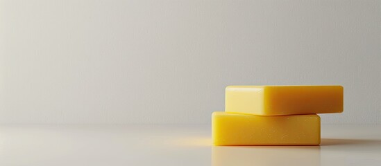 Poster - Yellow soap displayed with copy space image on a crisp white background