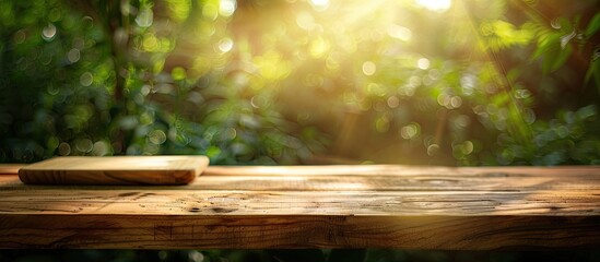 Sticker - Wooden table in garden with cutting board on top set against a sunny green bokeh background ideal for adding images in the blank space provided. Creative banner. Copyspace image