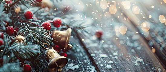 Poster - A vintage filter is applied to a close up selective focus image of jingle bells and Christmas decor on a snowy wooden background with copy space