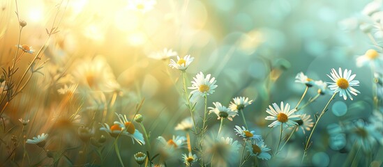 Poster - Wide angle summer background with beautiful daisy flowers in a flower meadow ideal as a panoramic web banner with copy space image