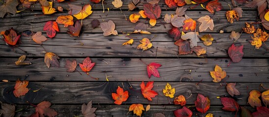 Poster - Wooden background covered with autumn leaves ideal for a copy space image