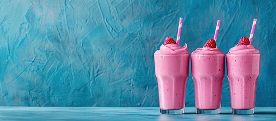 Wall Mural - Pink smoothies displayed on a blue background with additional room for text or images known as copy space image