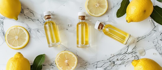 Poster - Skin and body care concept with lemon essential oil presented in glass bottles on a white marble background ideal for product promotions and marketing with copy space image