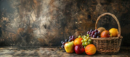 Poster - Selection of fruits in the basket creates a rustic display with copy space image