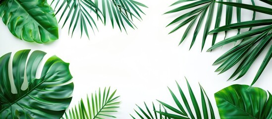 Fototapete - Flat lay top view of a tropical green palm leaves and branches pattern frame isolated on a white background with abstract copy space image