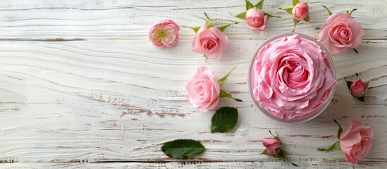 Poster - Rose flower and pink moisturizer displayed on a white wood background with ample copy space image