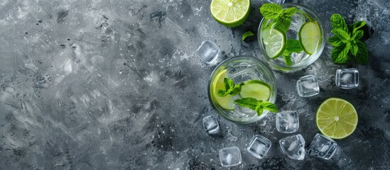 Poster - Top view image of two highball glasses with a traditional Mojito cocktail featuring rum mint lime juice citrus slice soda water and ice on a concrete table Includes copy space