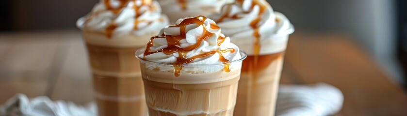 Wall Mural - Two glasses of caramel flavored drinks with whipped cream on top. The drinks are served on a wooden table with a bowl of nuts and a pitcher of syrup