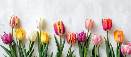 Aufkleber - Top view of lovely spring tulips against a bright background with space for additional image