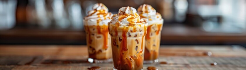 Wall Mural - Two glasses of caramel flavored drinks with whipped cream on top. The drinks are served on a wooden table with a bowl of nuts and a pitcher of syrup