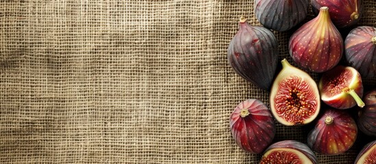 Wall Mural - Horizontal sackcloth background with a mix of whole figs and a single sliced fig bringing focus to the copy space image