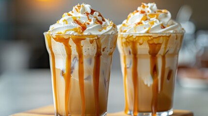 Wall Mural - Two glasses of caramel flavored drinks with whipped cream on top. The drinks are served on a wooden table with a bowl of nuts and a pitcher of syrup