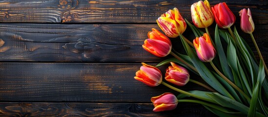 Poster - Vibrant tulip bouquet displayed on dark wooden boards with copy space image