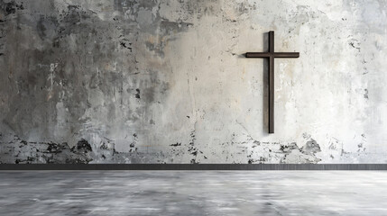 Aufkleber - Large wooden cross is hanging on a grunge concrete wall in an empty room