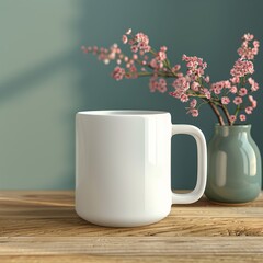 White mug on wooden table with pink flowers in a vase.  Perfect for design mockups and branding.