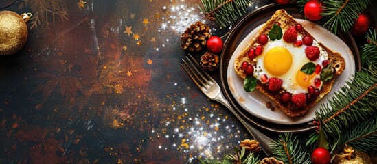 Aufkleber - Festive holiday treat sweet toast with fruit egg soaked bread a delightful Christmas and New Year s dish with a copy space image of food on the table