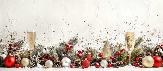 Aufkleber - Merry Christmas and Happy New Year displayed on a white background with decorations like fir branches ornaments and champagne creating an ideal copy space image