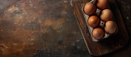 Poster - A wooden cutting board presenting farm fresh brown eggs with a copyspace image
