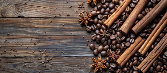 Poster - Top view of roasted coffee beans cinnamon sticks and star anise arranged on a rustic wooden backdrop with ample copy space image