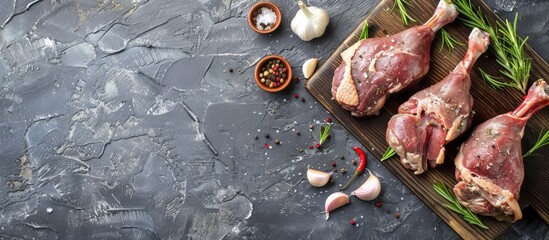 Poster - Fresh duck legs ready for making traditional French confit with a blend of rosemary garlic peppers and sea salt placed on a wooden board against a stone background with copy space image