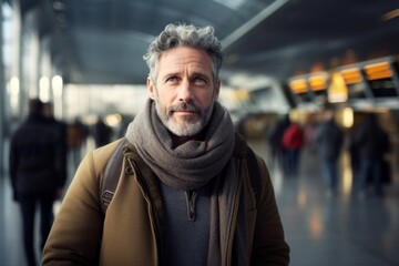 Wall Mural - Portrait of a content man in his 50s dressed in a warm wool sweater isolated in bustling airport terminal