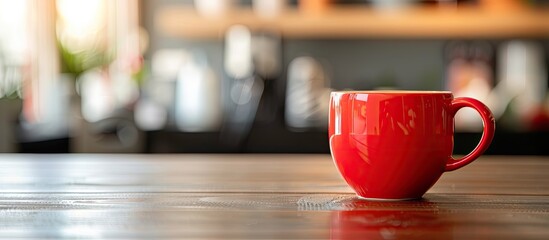 Poster - Red espresso cup on office desk with a blurred background provides a copy space image