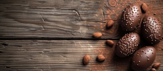 Poster - Happy Easter An aesthetically pleasing photo featuring Chocolate Easter eggs placed on a wooden background ideal for use as a copy space image