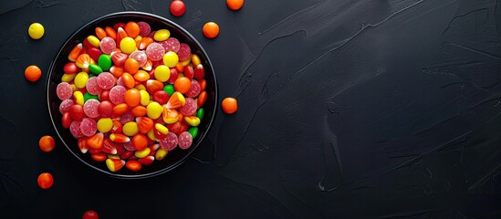 Poster - A Halloween themed bowl overflowing with candy viewed from above on a black background with ample copy space image