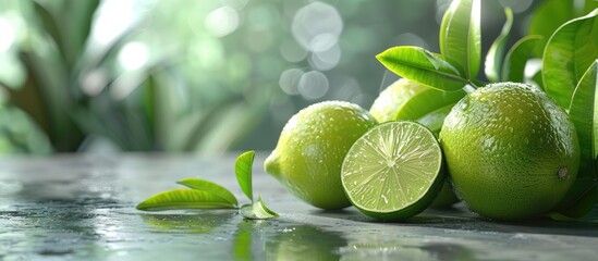 Poster - Lush ripe limes displayed on a table with a blank area for text or images in the background. Creative banner. Copyspace image