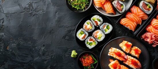 Poster - Japanese cuisine featuring sushi and a variety of other delectable dishes presented beautifully against a copy space image