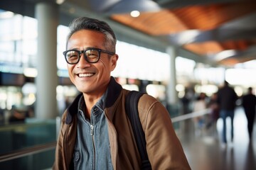 Wall Mural - Portrait of a smiling asian man in his 60s wearing a trendy sunglasses in front of bustling airport terminal background