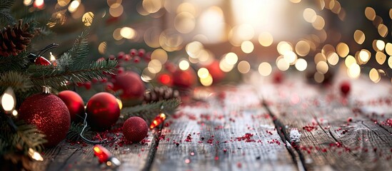 Poster - Festive Christmas and New Year theme on a wooden backdrop with a selective focus suitable for text placement in the copy space image