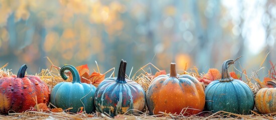 Canvas Print - Row of multicolored autumn pumpkins displayed on straw in a fall harvest scene with copy space image