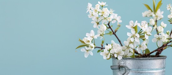 Sticker - White blossoms in a metal container on a pale blue backdrop with room for copy space image