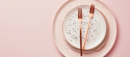 Fototapete - Rose gold dessert forks on an off white plate with speckles placed on a light pink surface in a flat lay composition with copy space image