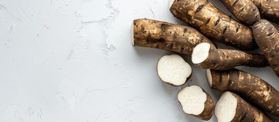 Poster - White background with Chinese yam creating space for image. Creative banner. Copyspace image