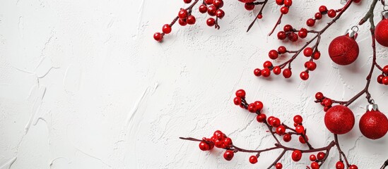Poster - Festive Chinese New Year concept with red Christmas balls framing a white grunge background creating a Christmas themed frame Ideal for a flat lay mockup with copy space image