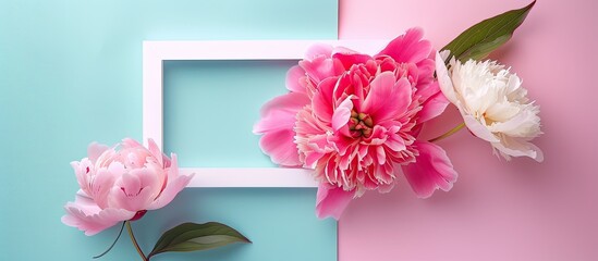Poster - Peony flower in pink close up on a colorful background within a white frame A minimalistic composition with a flat lay and top view emphasizing the natural concept and copy space image