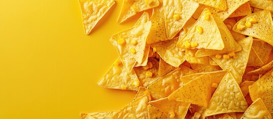 Poster - Top view flat lay of Mexican nachos snack on yellow background with copy space image