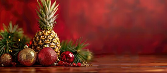 Poster - Pineapple adorned with Christmas ornaments on a studio backdrop with ample copy space image