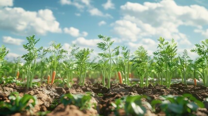 Wall Mural - A row of young carrots growing neatly on a farm under a sunny sky, showcasing the vibrancy and health of fresh produce